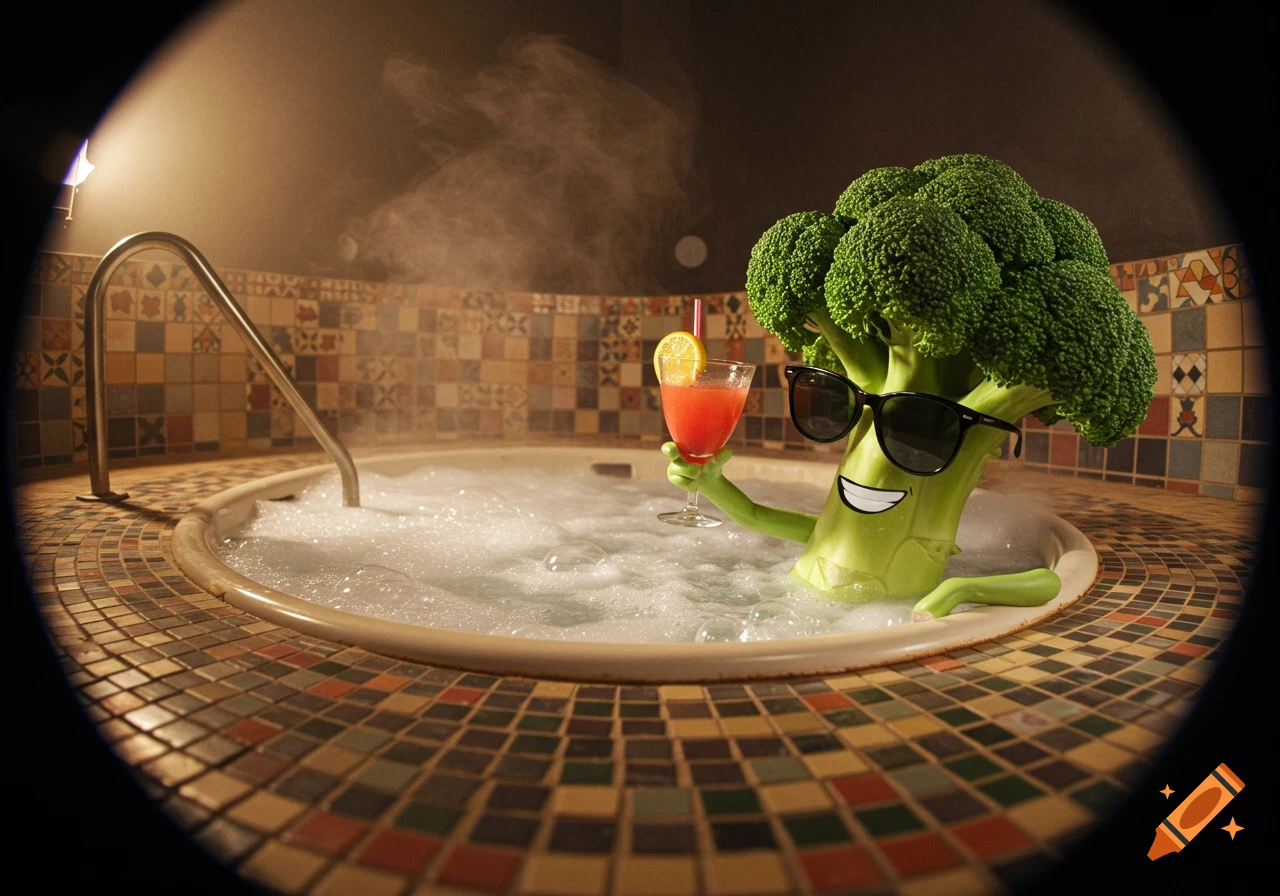 A cool cartoon broccoli in a hot tub wearing sunglasses and holding a cocktail, fisheye lens.