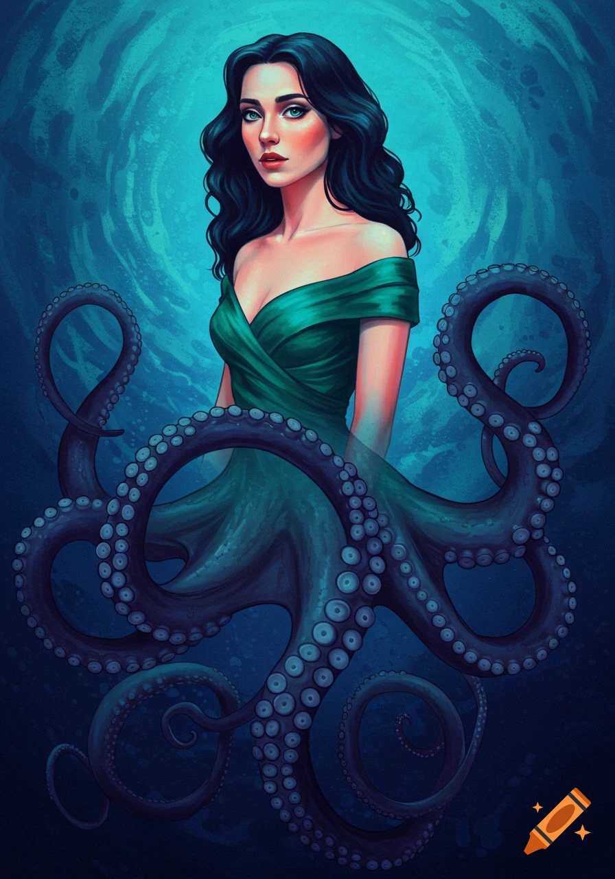 Illustration of a woman with octopus tentacles below her waist in an underwater setting.