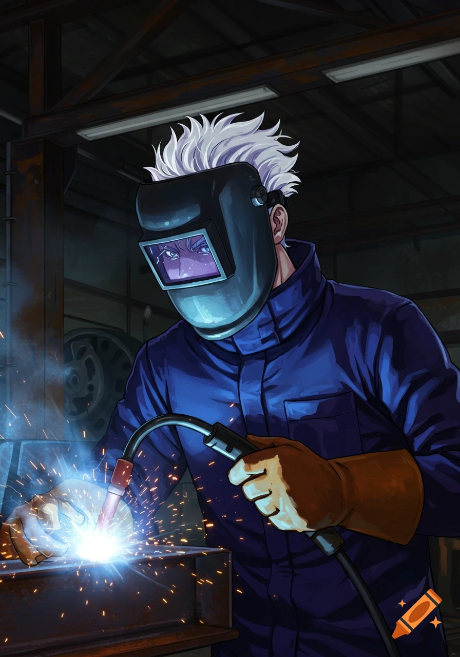A man with white hair wearing a welding mask and blue suit welds metal in a workshop in an anime style.