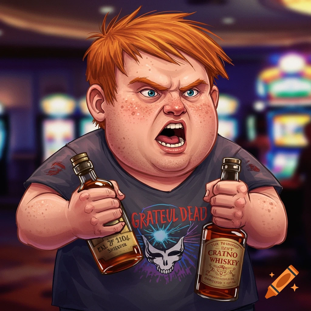 Illustration of an angry, red-headed man holding two whiskey bottles in a casino, wearing a Grateful Dead shirt.