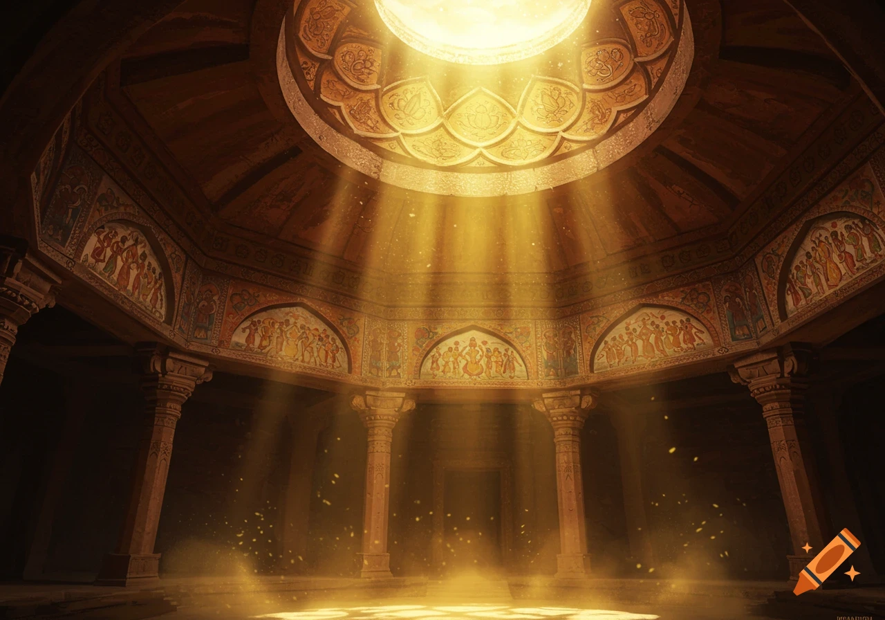 Ancient Indian interior with sunlight streaming through a decorated dome.