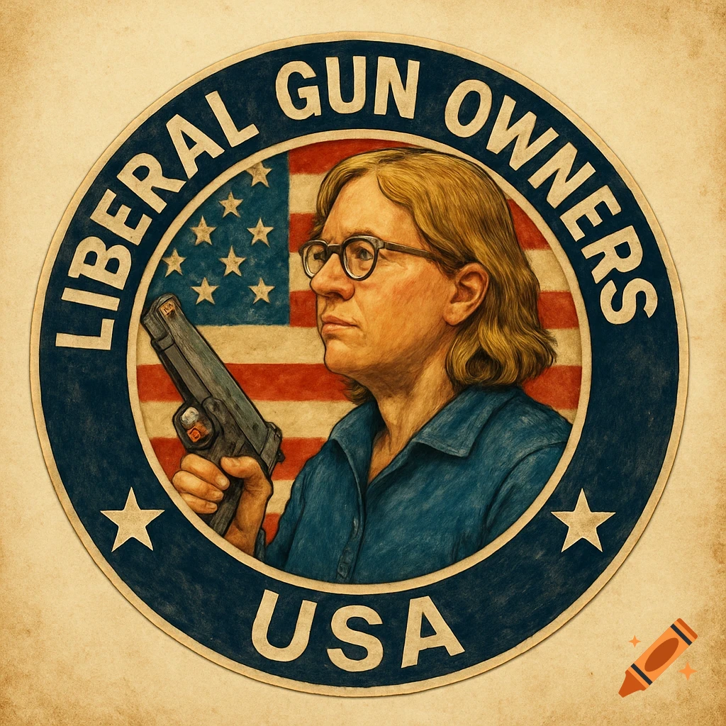 Circular badge with person holding gun over US flag, text 'LIBERAL GUN OWNERS USA'