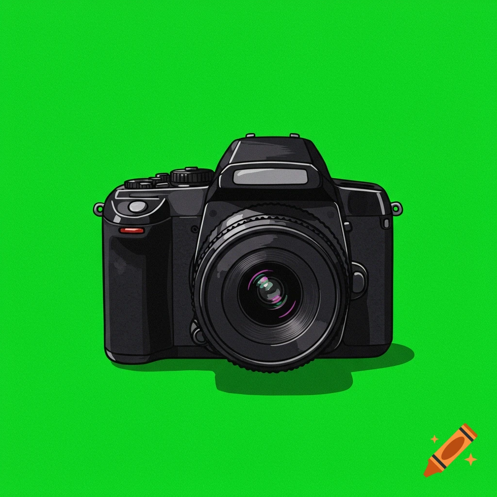 Illustration of a black camera on a green background.