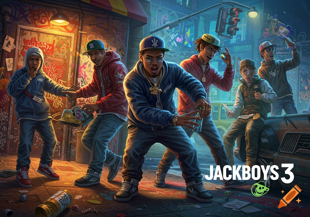 Group of young men in urban street art style digital painting with text 'JACKBOYS 3'.