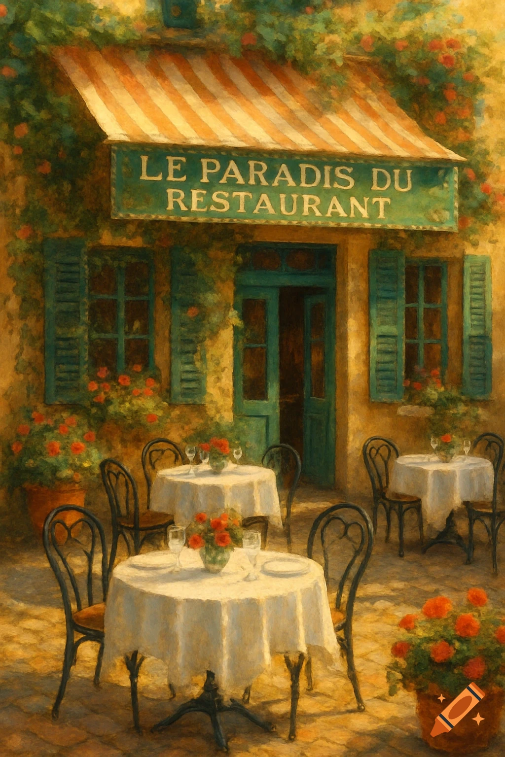 Painted scene of a patio restaurant with tables and chairs.