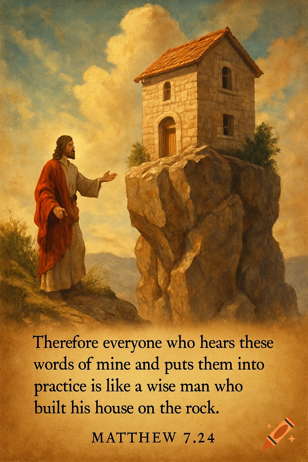 Painting of Jesus standing beside a house built on a large rock, with text from Matthew 7:24 below.