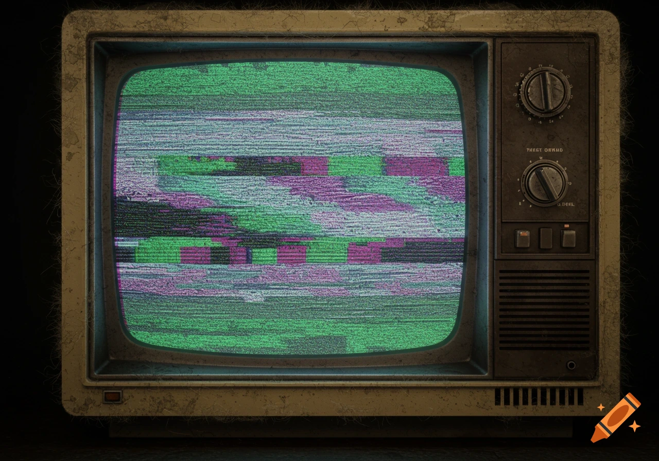 Close-up of a dusty, old retro TV with colorful static on the screen.