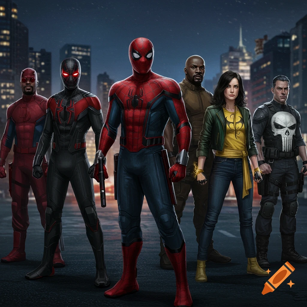 Concept art of a group of Marvel superheroes including Spider-Man, Miles Morales, Daredevil, Luke Cage, Jessica Jones, and Punisher standing on a street at night.
