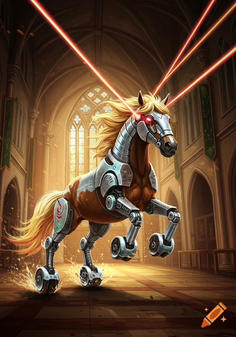 A robot horse with wheels for legs runs through a church hall, shooting lasers from its eyes.