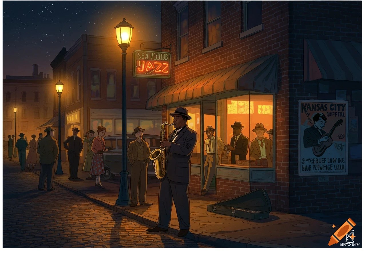 1950s illustration of a street at night with a man playing saxophone outside a jazz club, people are nearby, with a warm, moody feel.