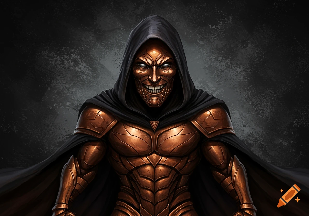 A hooded villain in bronze armor with a metallic face and cunning smile.