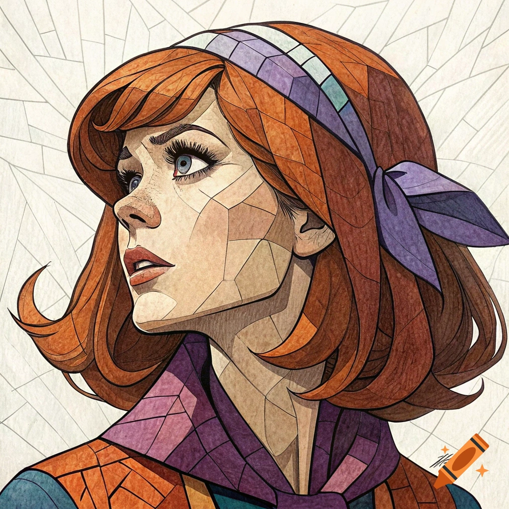 Daphne Blake portrait in geometric Picasso style looking up.