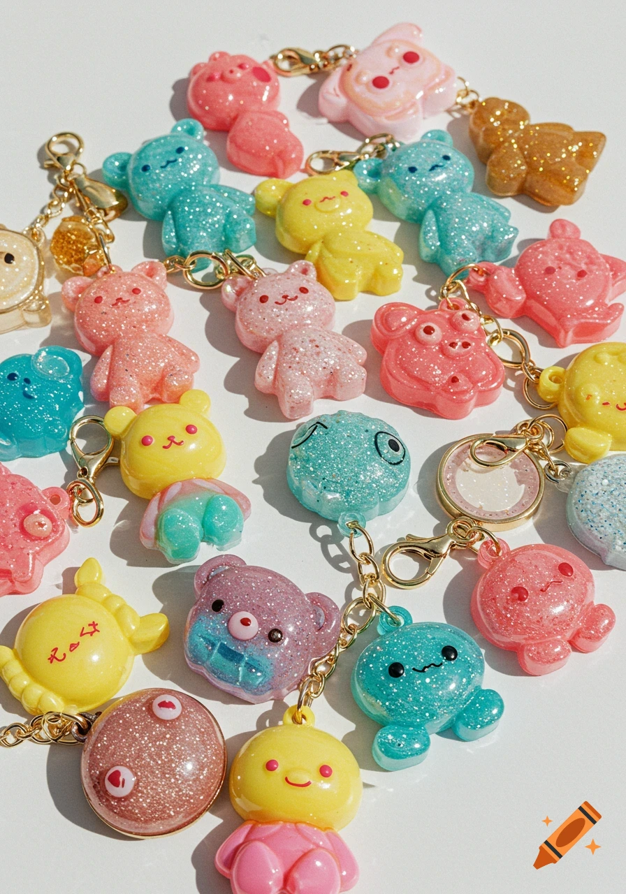 Collection of colorful, glittery keychains shaped like cute animals and characters on a white background.