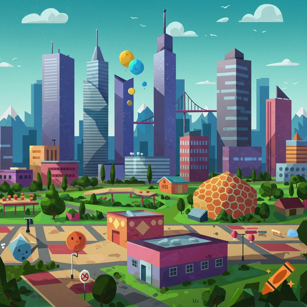 A colorful, stylized cartoon cityscape with tall buildings, parks, and various geometric shapes.