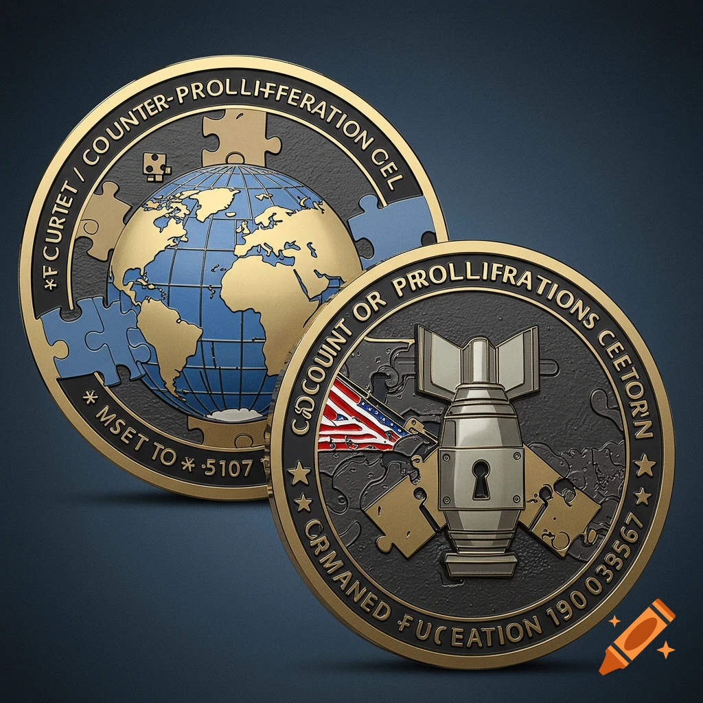 Two challenge coins with symbols of globe, puzzle pieces, bomb, lock, flag, and stars.
