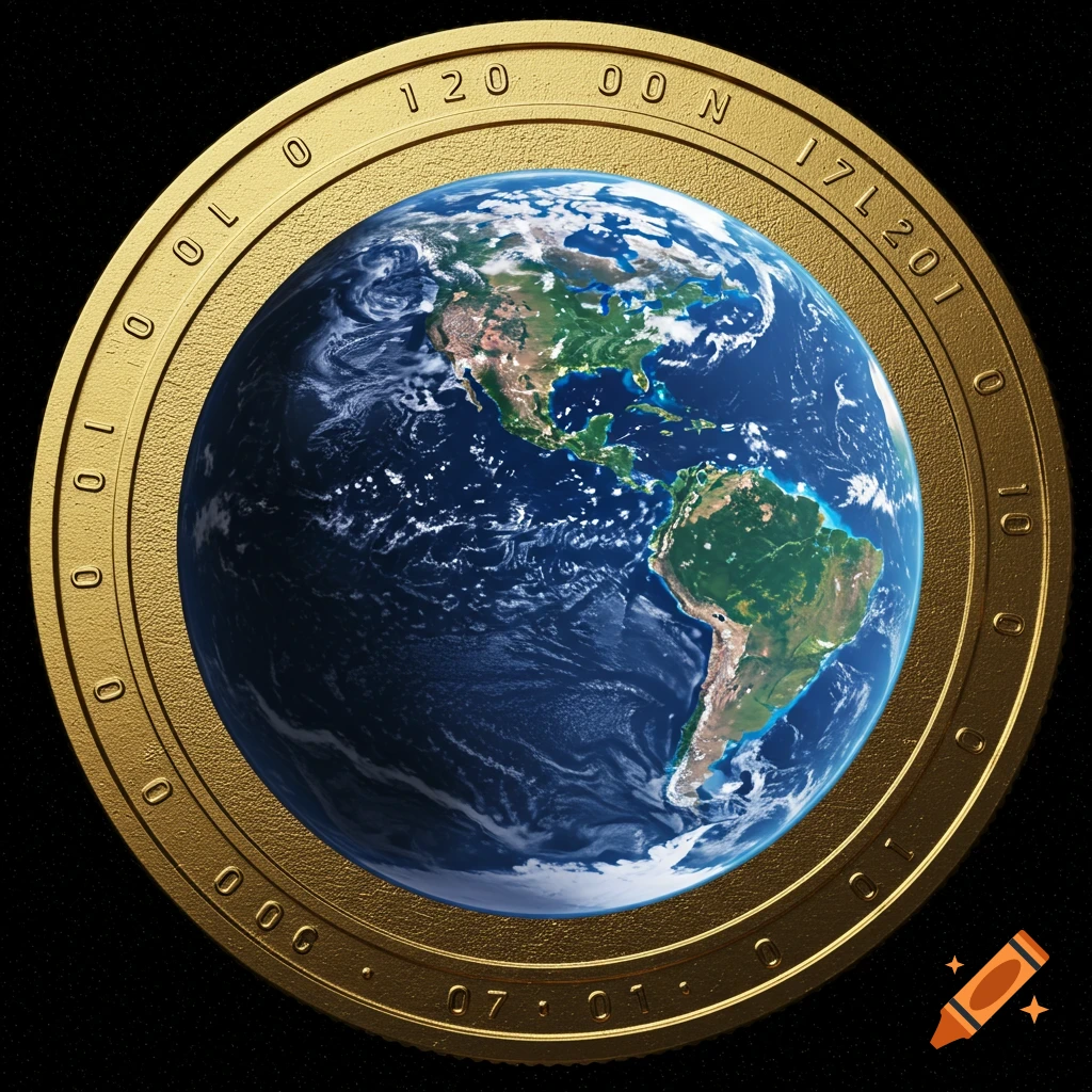 Realistic rendering of Earth on a gold coin.