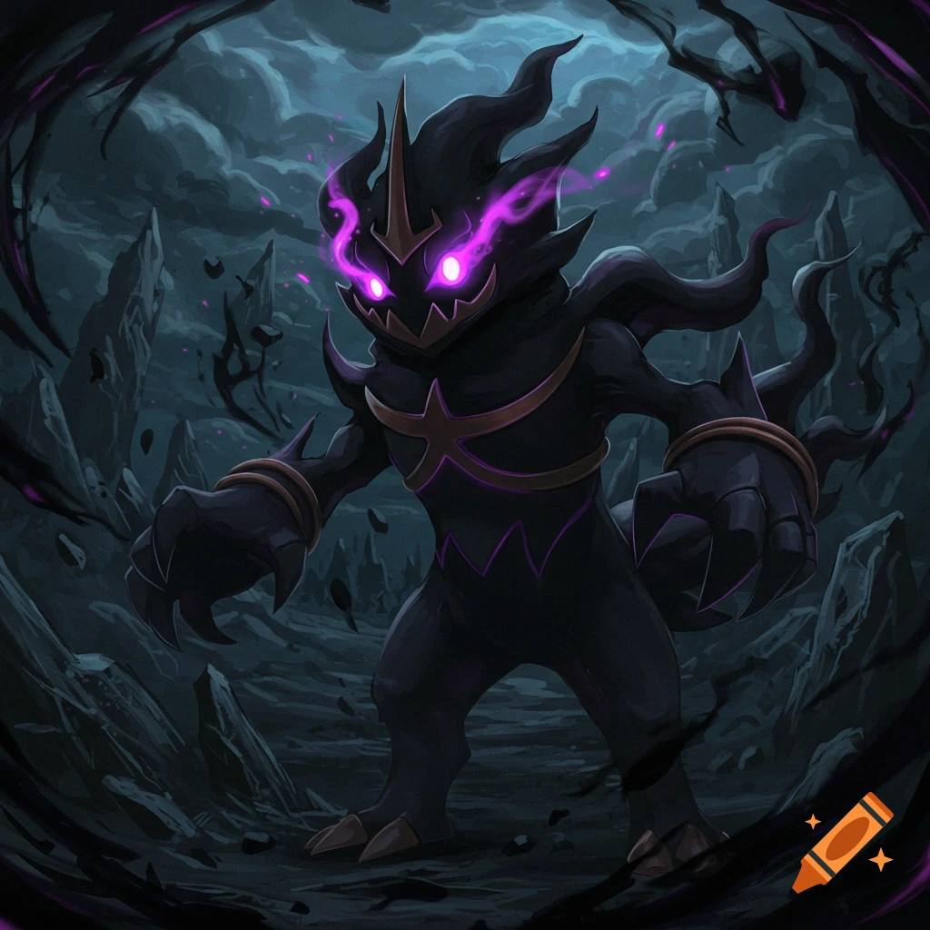 Dark monster with purple glowing eyes stands in a rocky, ominous ...