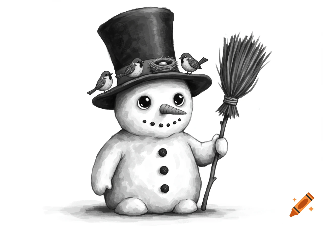 Black and white illustration of a snowman with birds and a nest on his top hat, holding a broom.