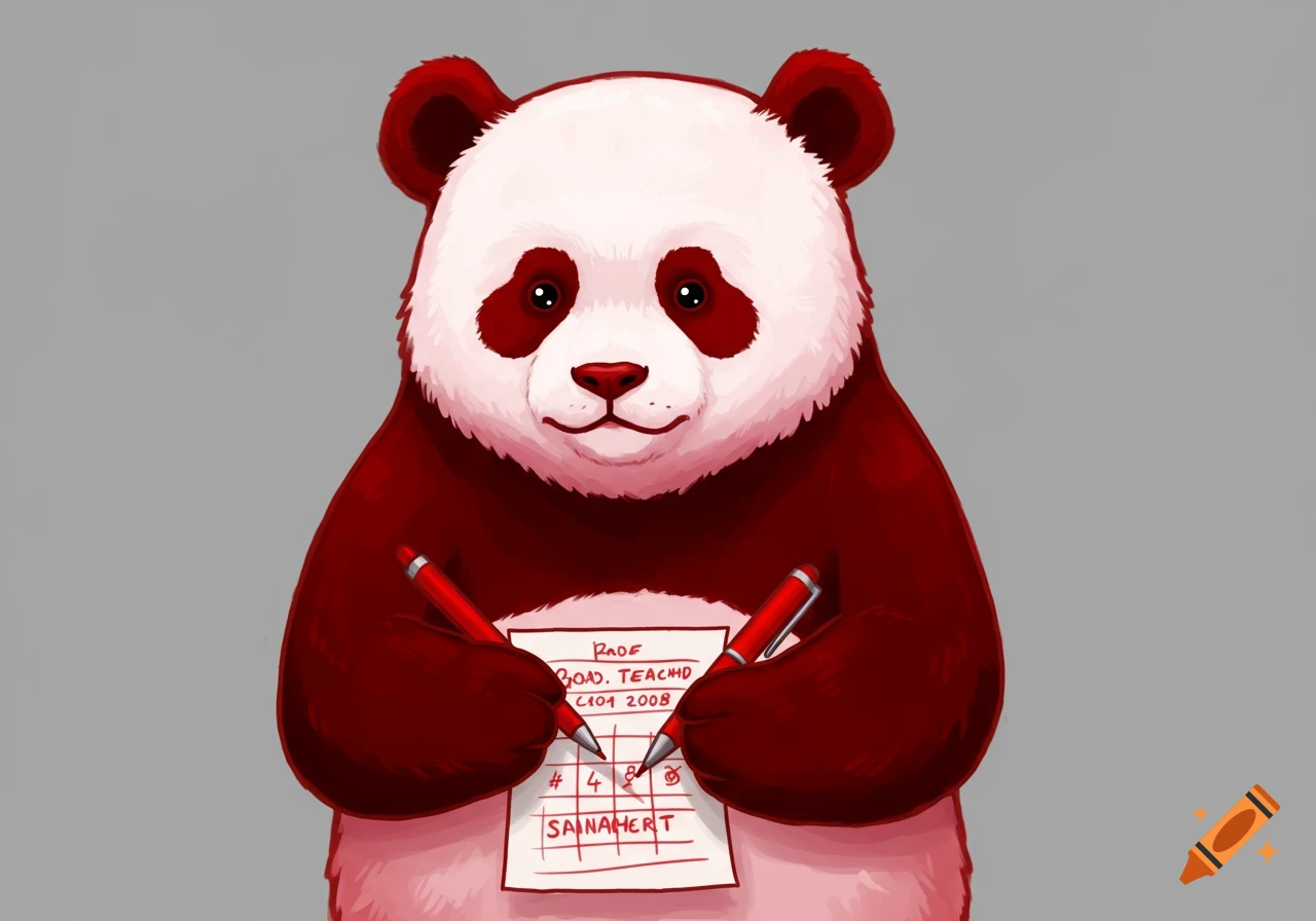 Red and white panda teacher grading papers with a red pen