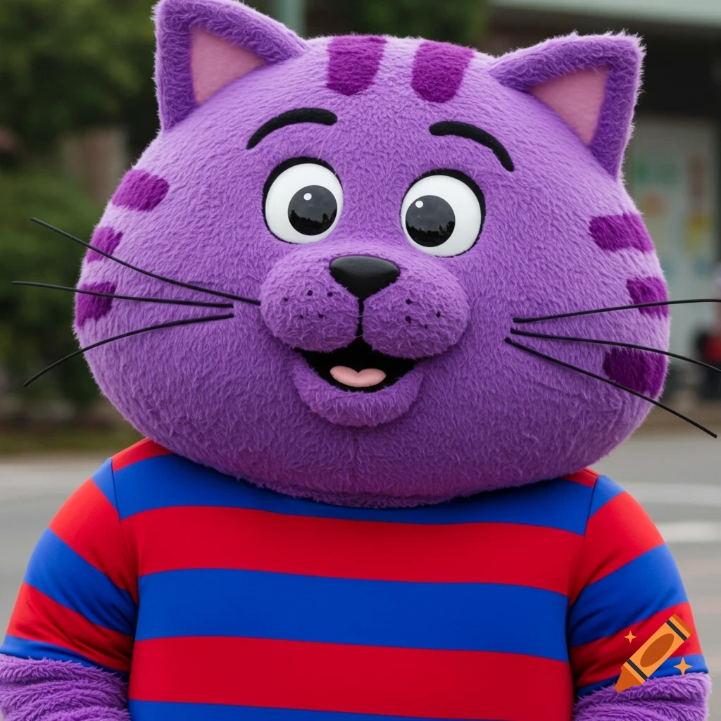 Close-up of a purple cat mascot in a red and blue striped shirt