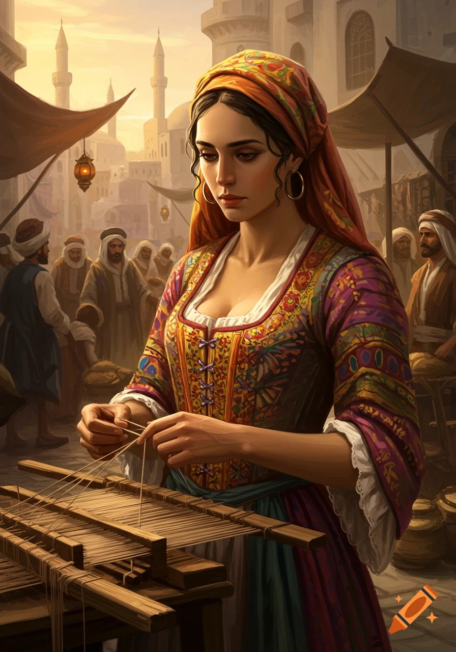 A woman weaves at a loom in a bustling historical marketplace.