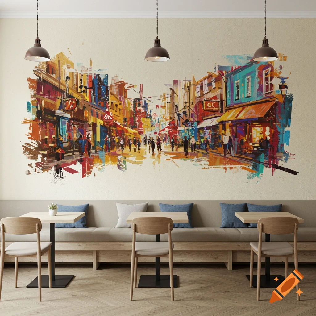 Cafe interior with a large, colorful abstract street scene painting on the wall.