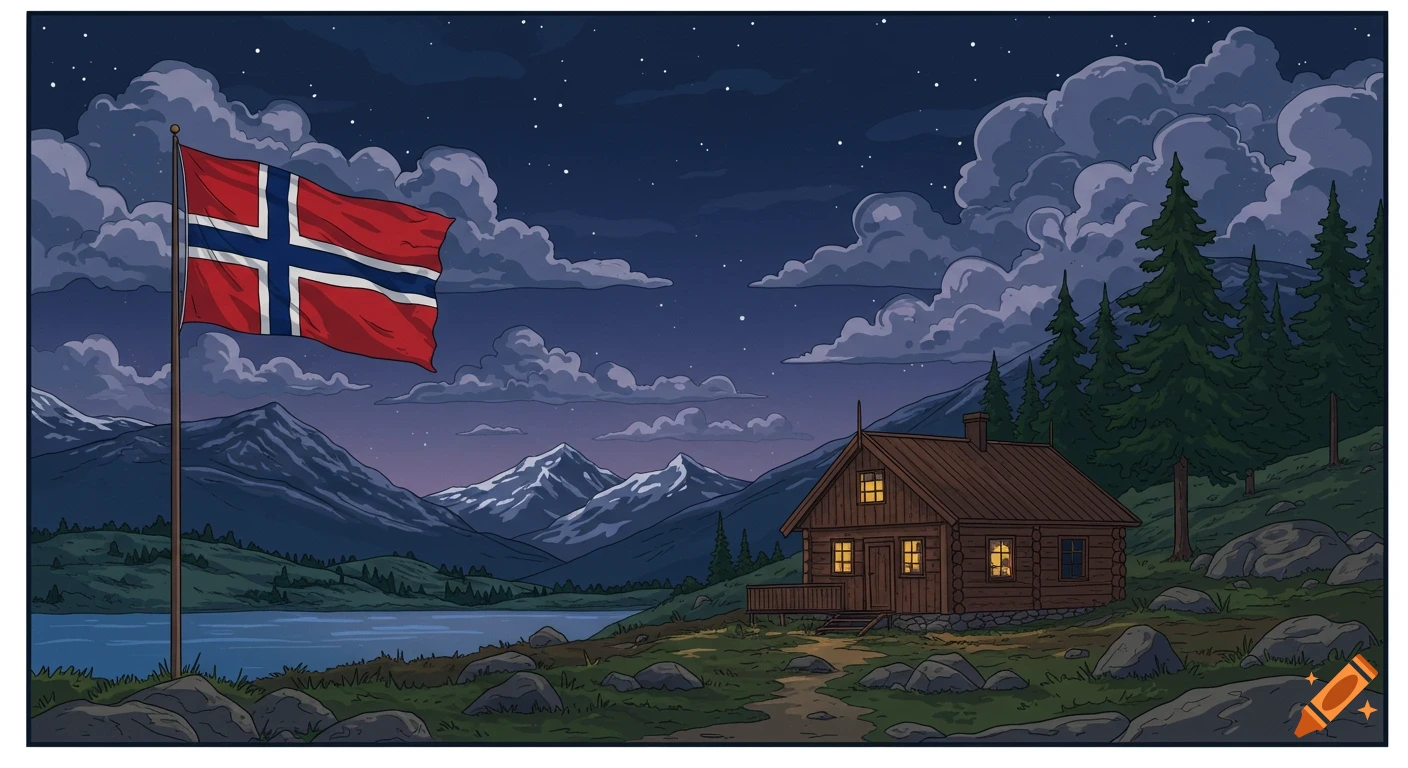 Drawn style image of a Norwegian flag next to a cabin overlooking a lake and mountains under a starry night sky.
