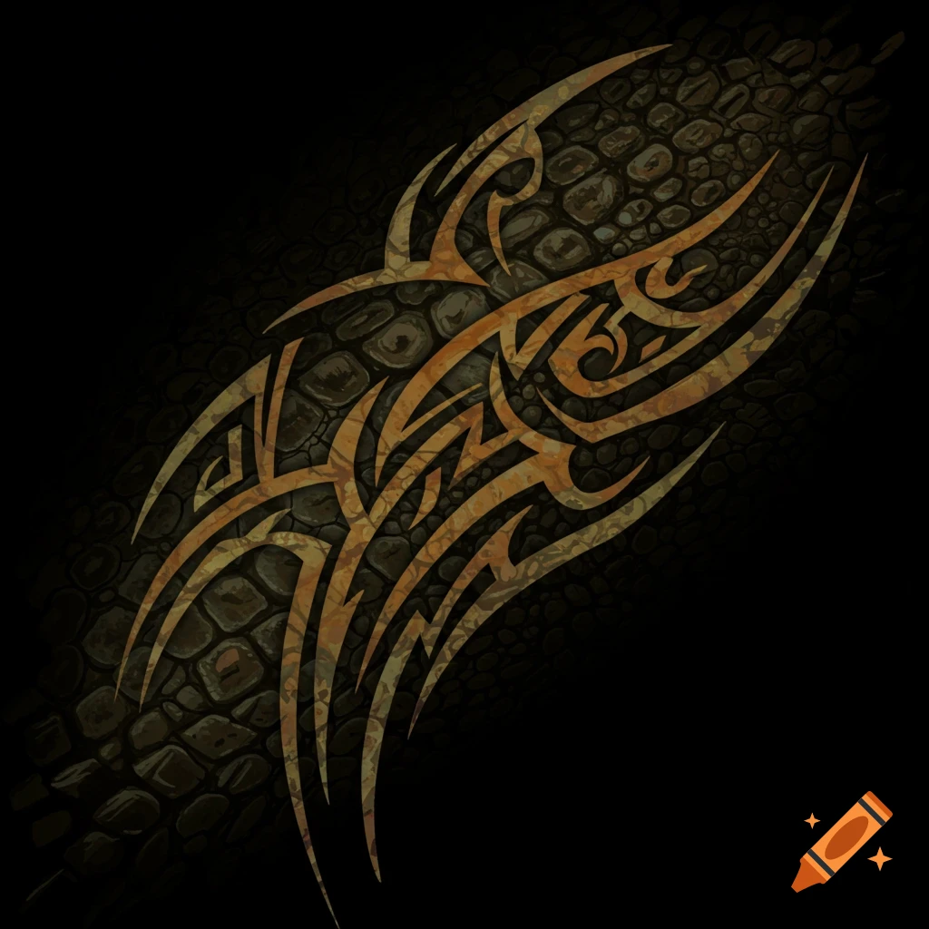 A golden tribal design on a dark, textured background resembling crocodile skin.