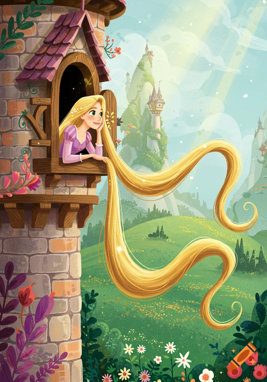Rapunzel looks out from a tower window, letting her long golden hair hang down. A fantasy landscape with mountains and castles is visible below in a Mary Blair illustration style.