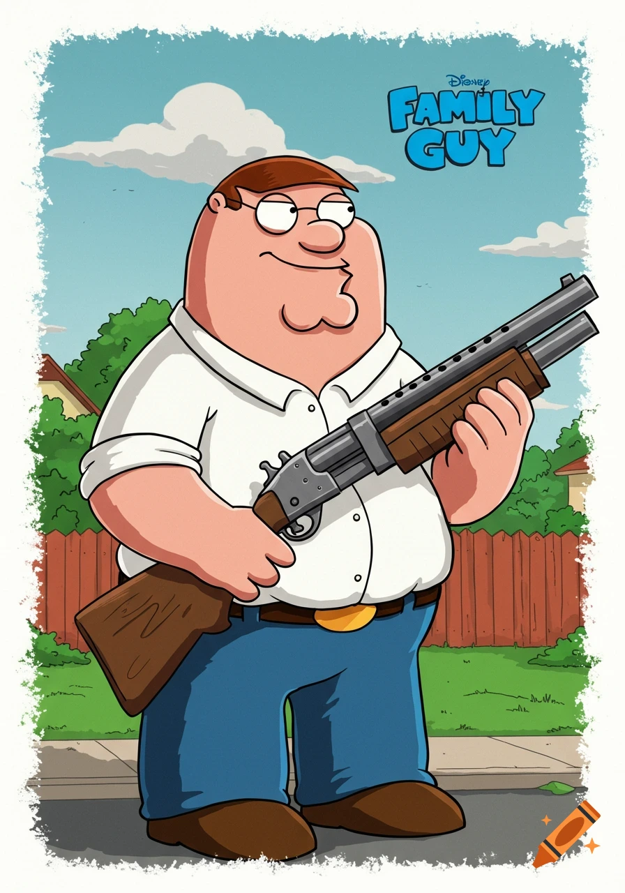 Peter Griffin holding a shotgun in the style of Family Guy animation.