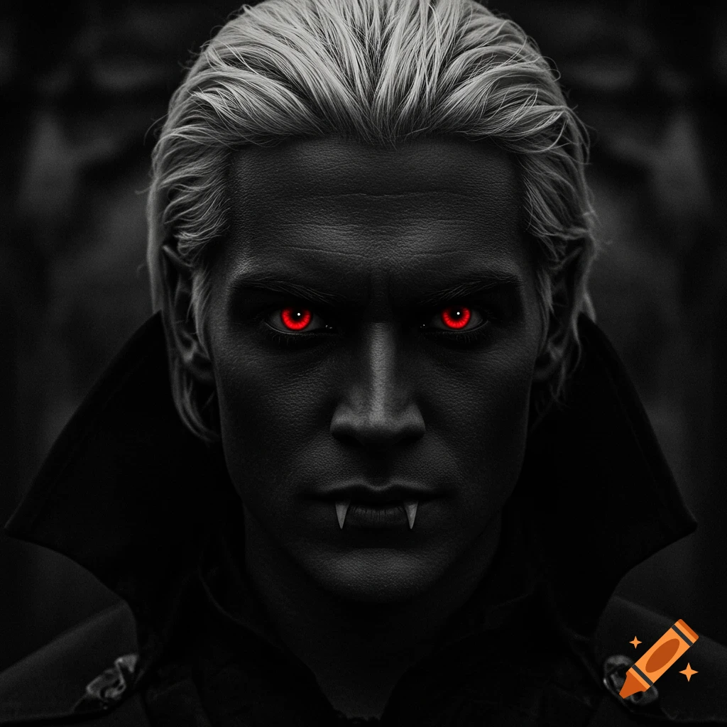 Close-up portrait of a man with blonde hair, glowing red eyes, and vampire fangs.