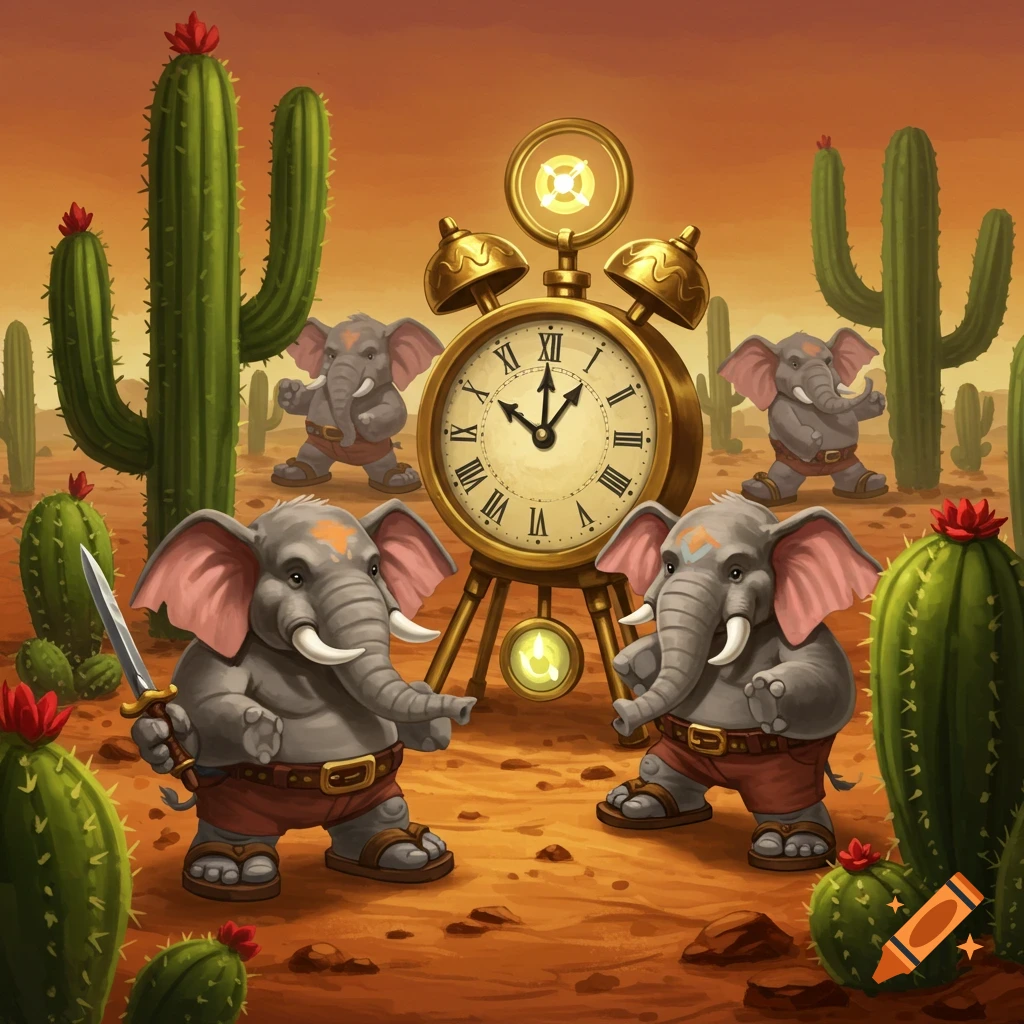Cartoon elephants stand in a desert with cactuses and a large clock, one holding a sword.