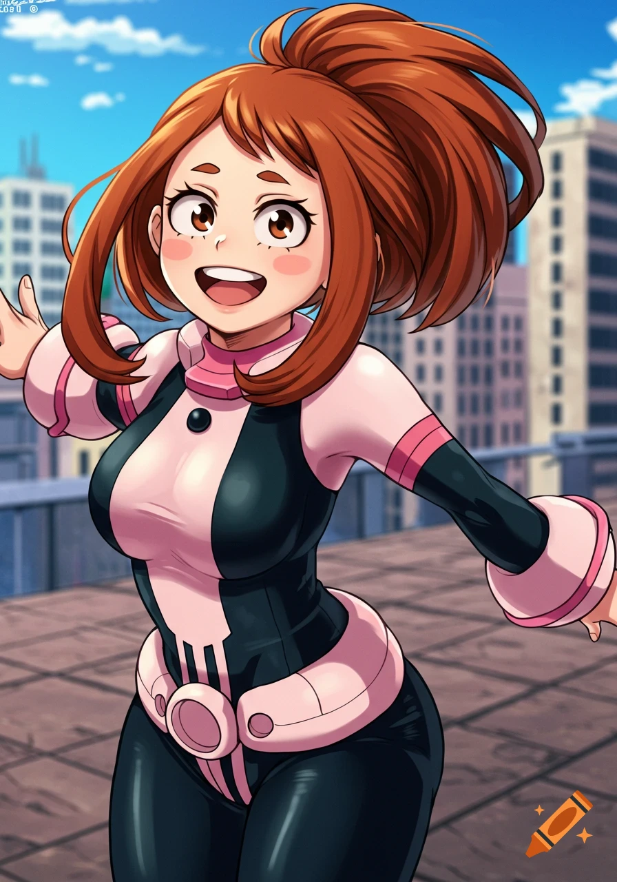 Anime illustration of Ochaco Uraraka smiling and reaching out, wearing her hero costume with a city background.
