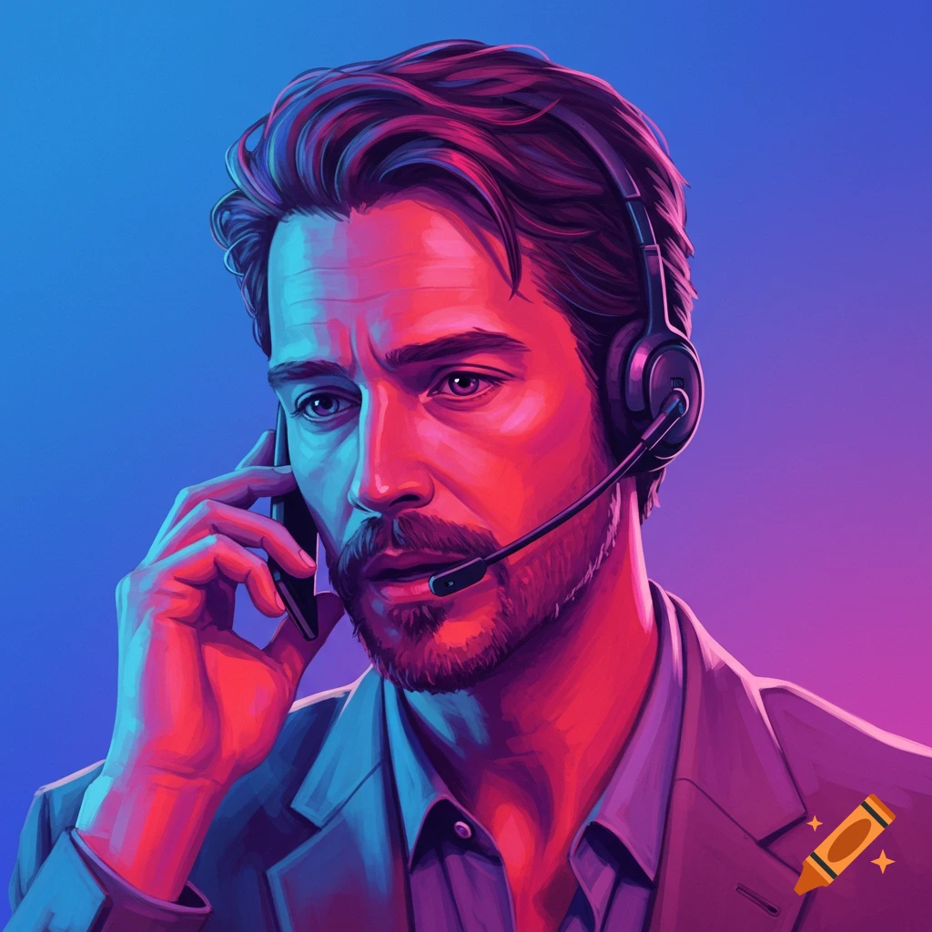 Stylized portrait of a man on a headset phone call under colorful red and blue lighting.