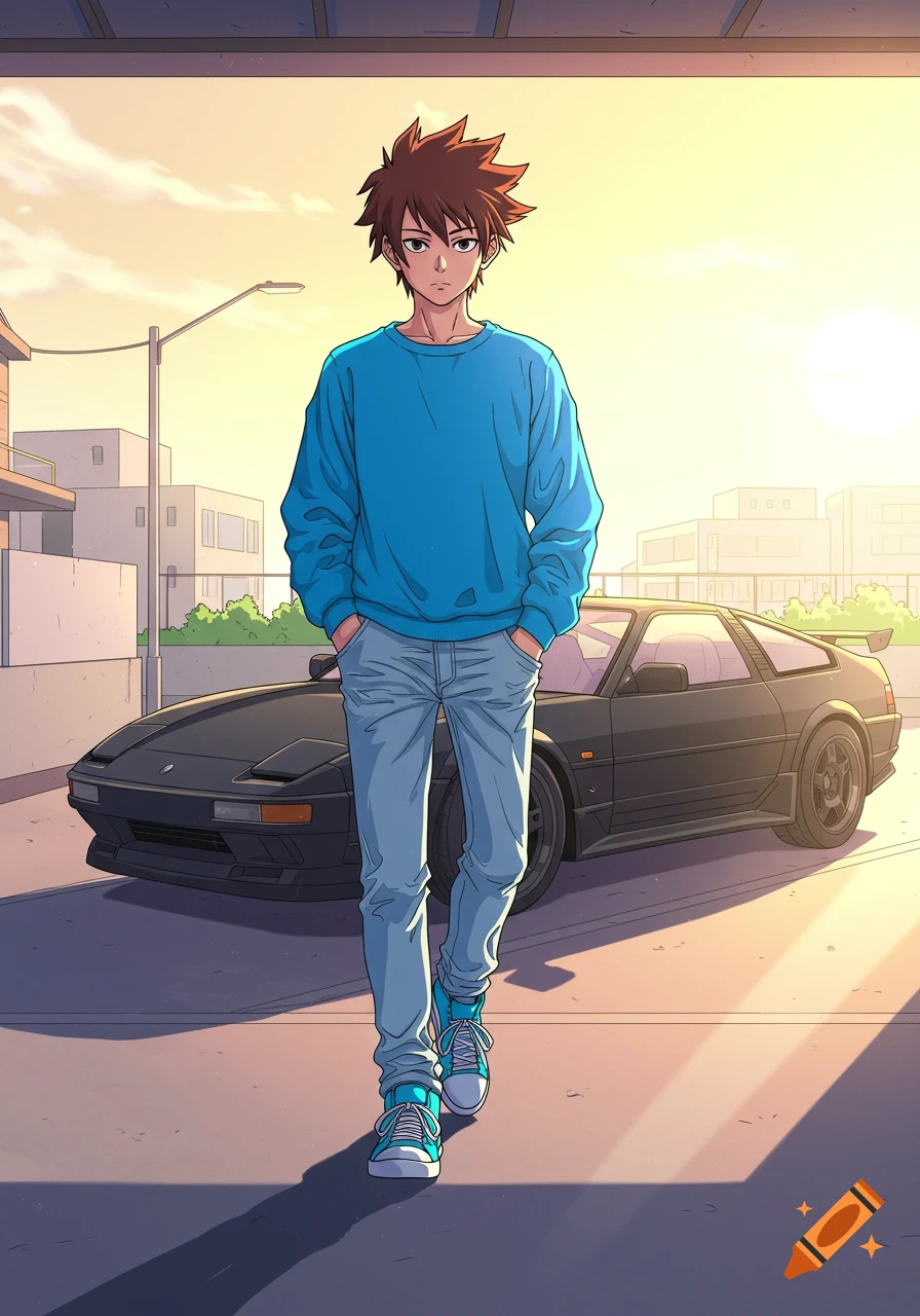 Anime illustration of a young man in blue sweatshirt and jeans walking in front of a black car.