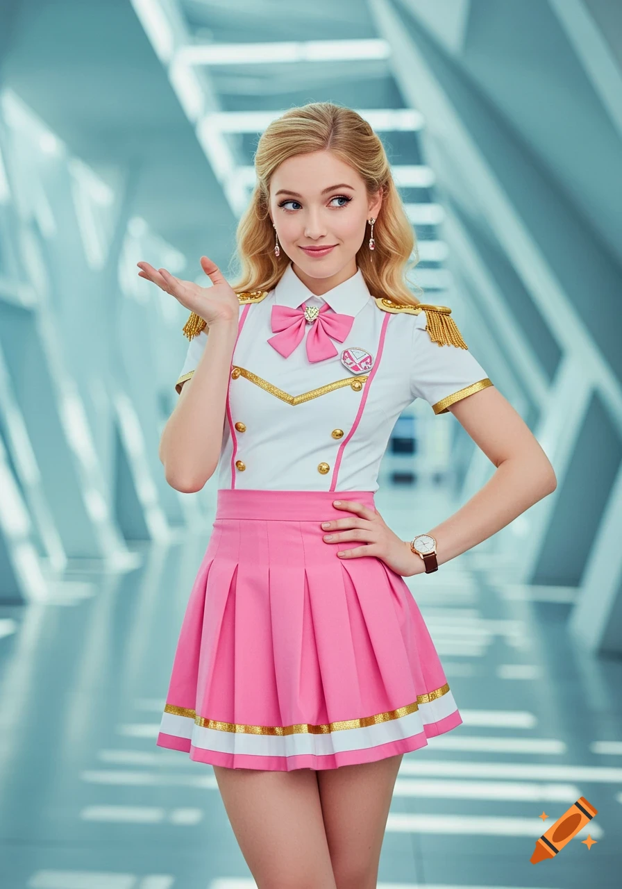A young woman with blonde hair wears a white uniform with pink trim and gold epaulets, a pink bow, and a pleated pink skirt, posing in a modern building.