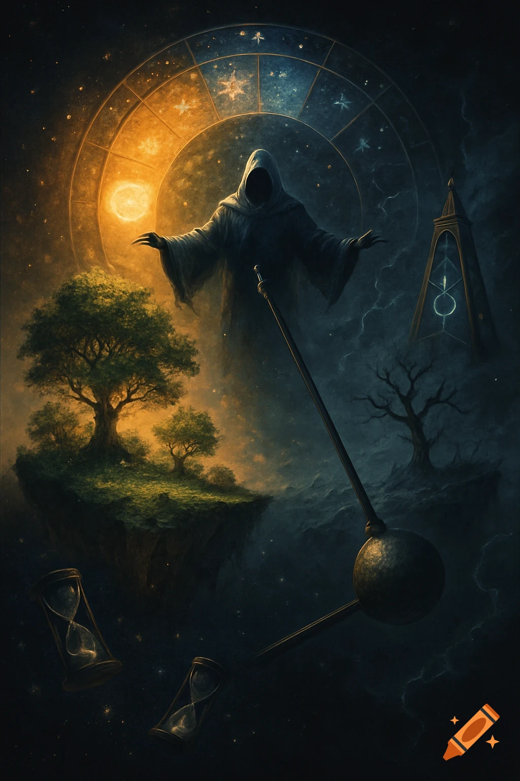 A dark, hooded figure hovers above a surreal landscape split between life and decay, under a celestial clockwork sky with hourglasses and a pendulum.