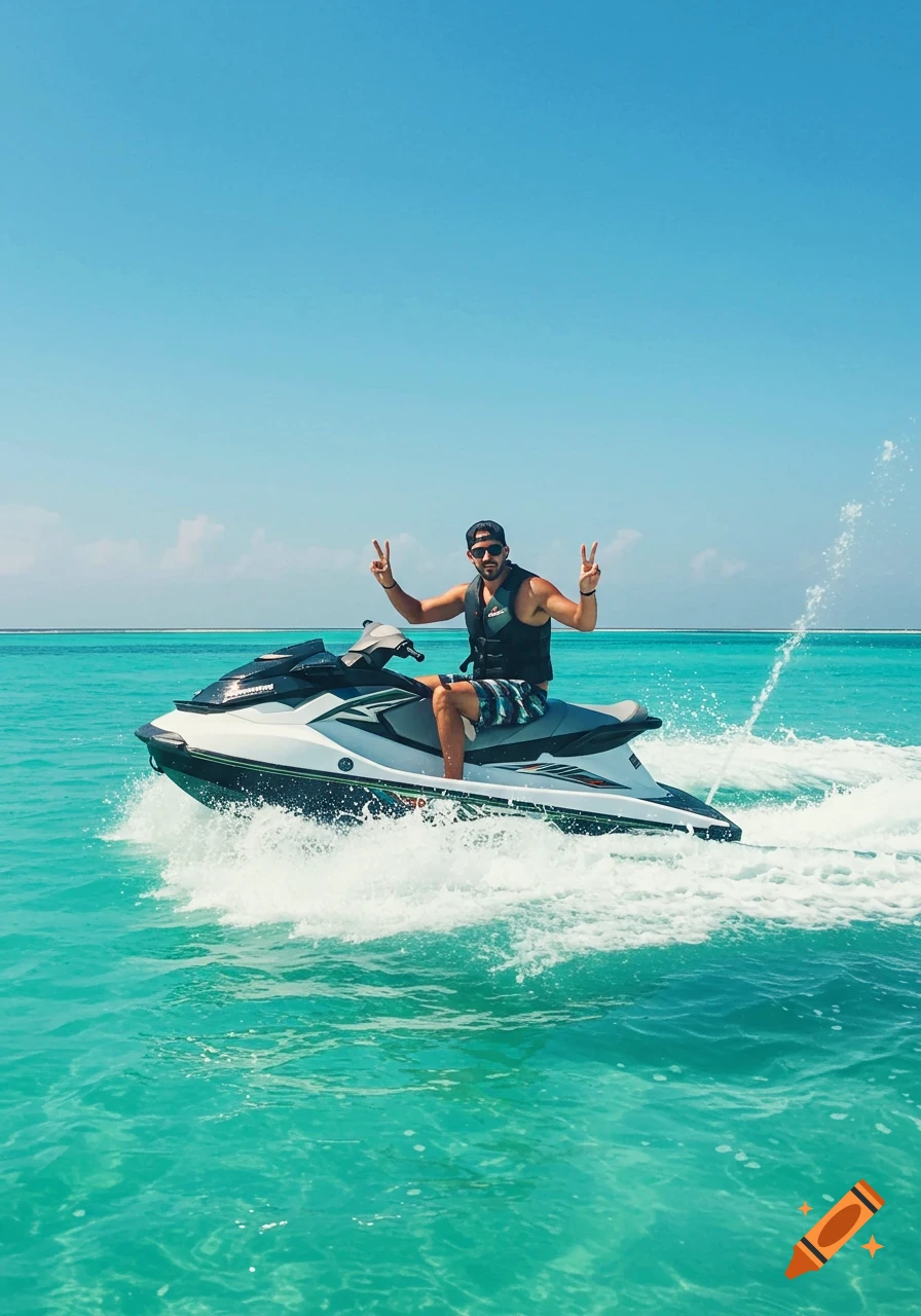 A man on a jet ski makes peace signs in the turquoise ocean under a clear blue sky.