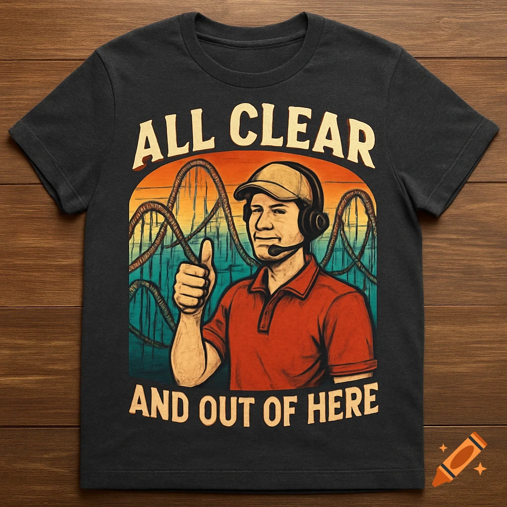 T-shirt design featuring a man in a headset giving a thumbs-up in front of roller coasters, with text "ALL CLEAR AND OUT OF HERE".