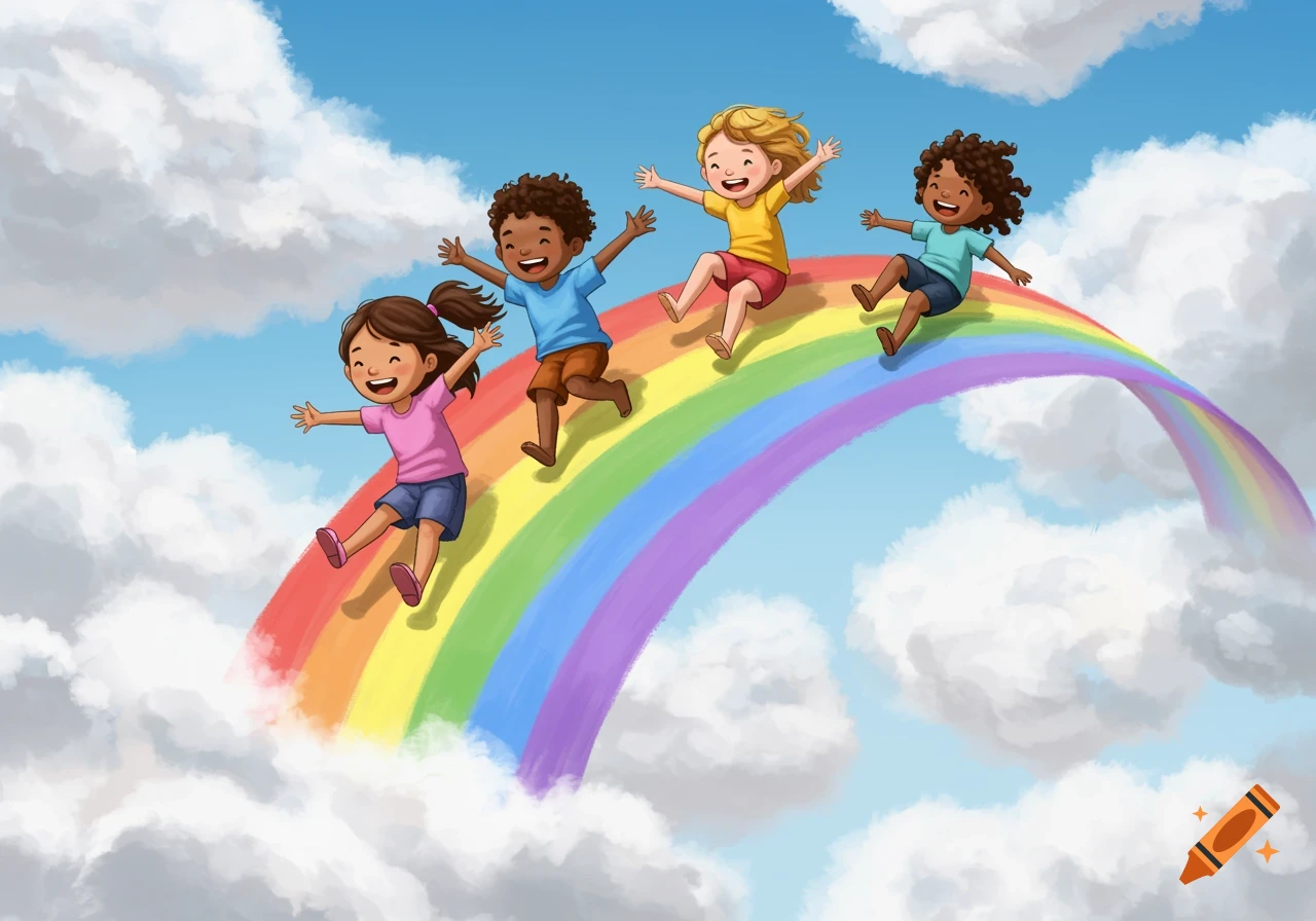 Illustration of children sliding down a rainbow in the sky