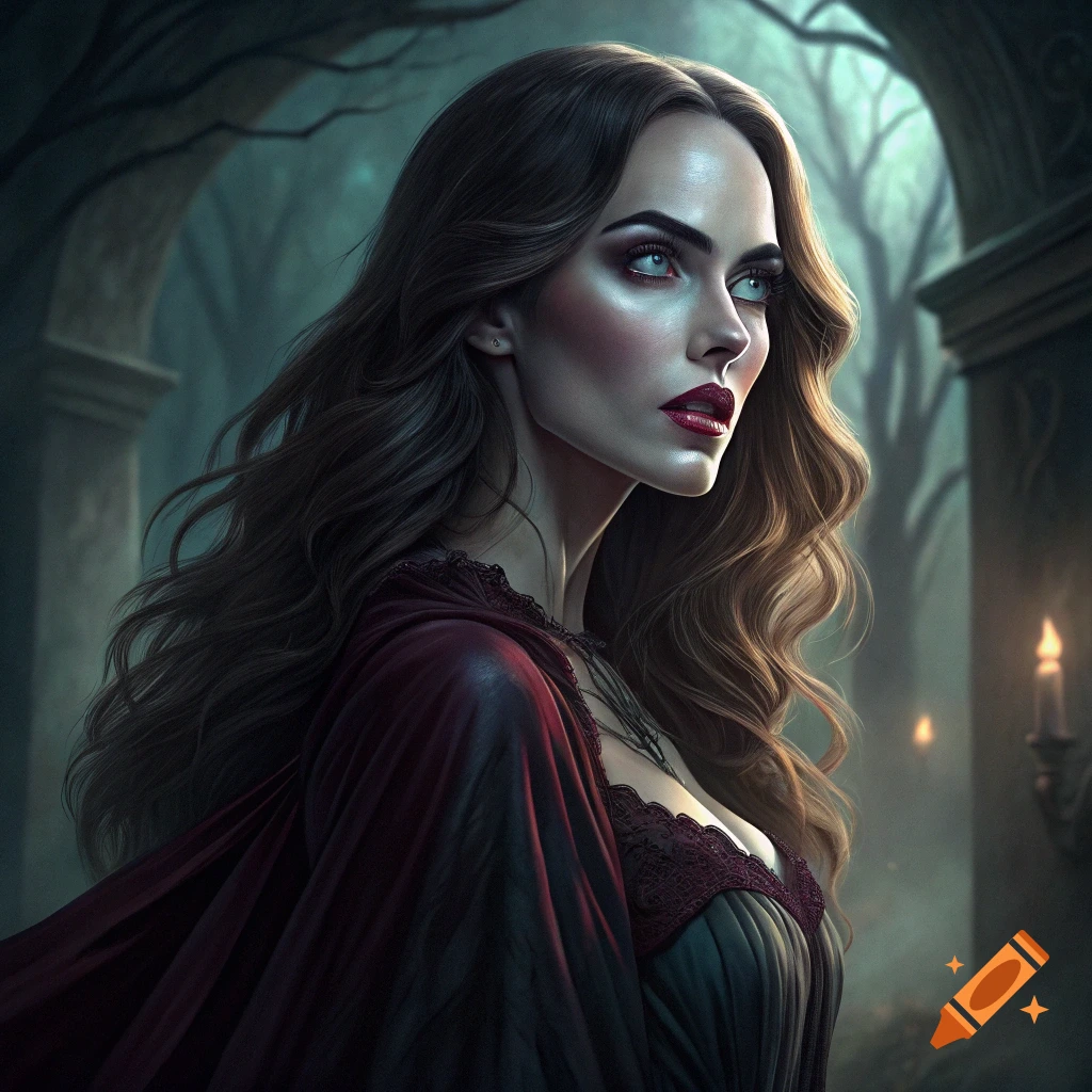 A woman dressed as a vampire with long brown hair and red cape stands in a dark, gothic setting.