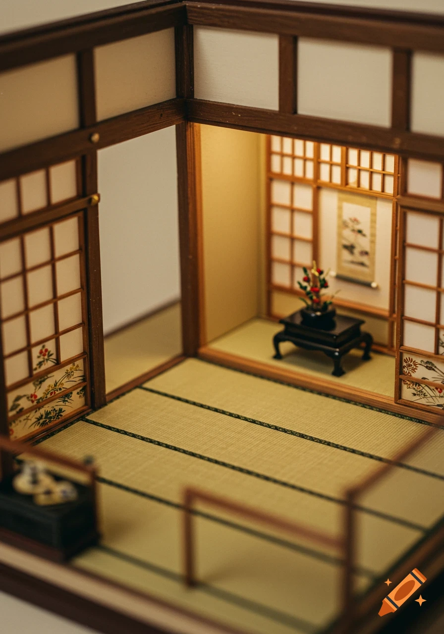 A detailed miniature model of a Japanese room with tatami mats and sliding doors.