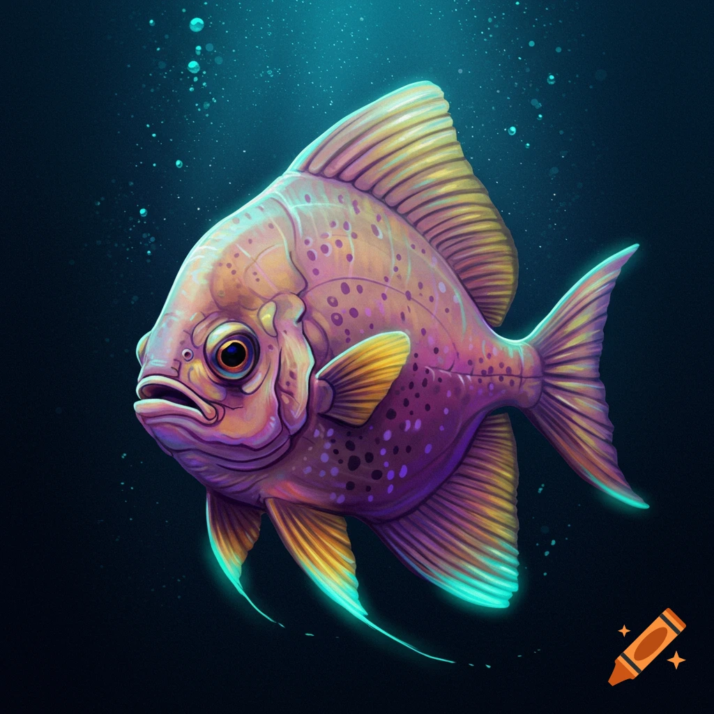 Illustration of a colorful fish swimming in deep blue water with bubbles.