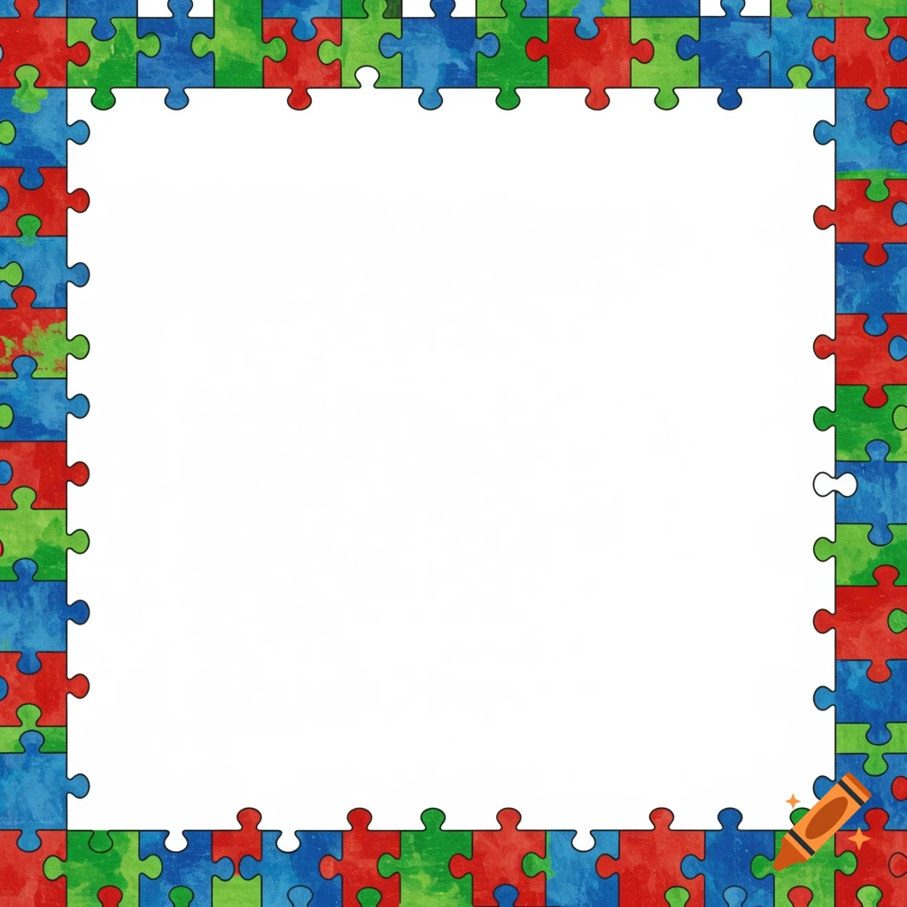 Border made of red, blue, and green puzzle pieces around a white center.