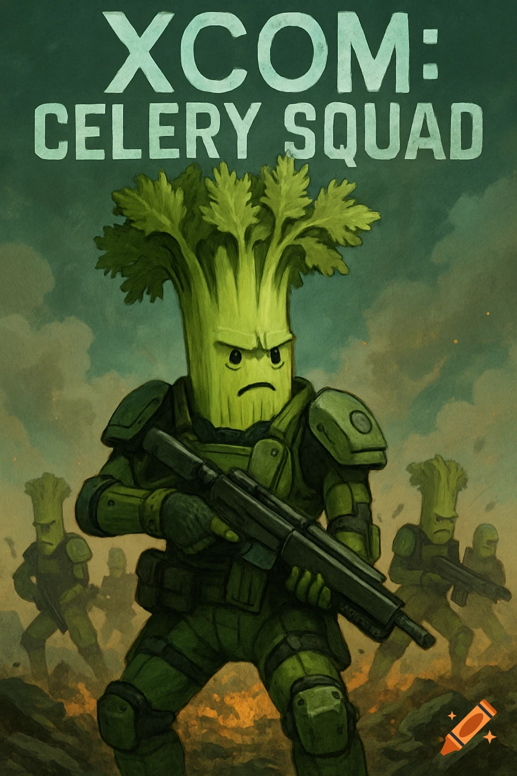 Illustration of anthropomorphic celery soldiers in tactical gear with the title 'XCOM: CELERY SQUAD'.