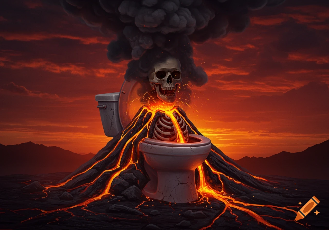 A skull and skeleton emerging from a volcanic toilet, spewing lava against a fiery sky.