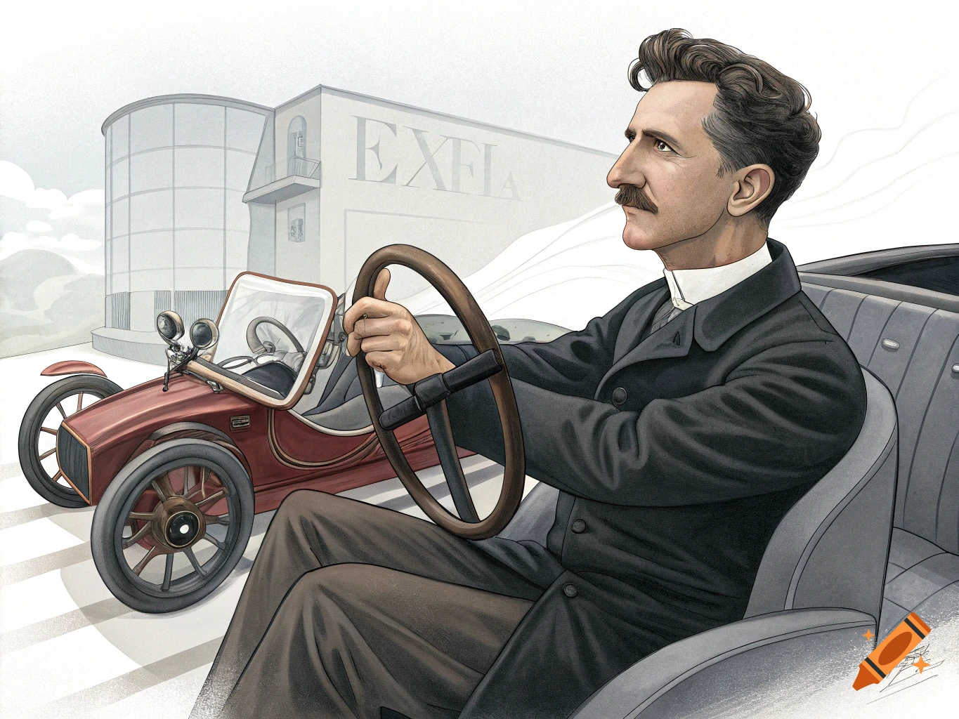Illustration of Nikola Tesla driving a vintage red car in front of a building.