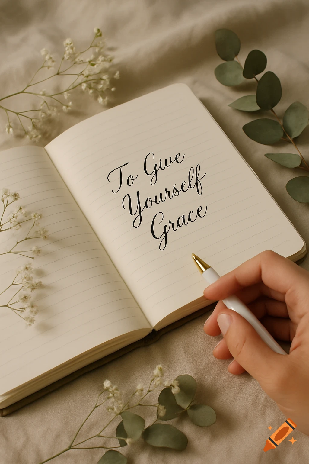 Hand writing 'To Give Yourself Grace' in an open journal on fabric with flowers.