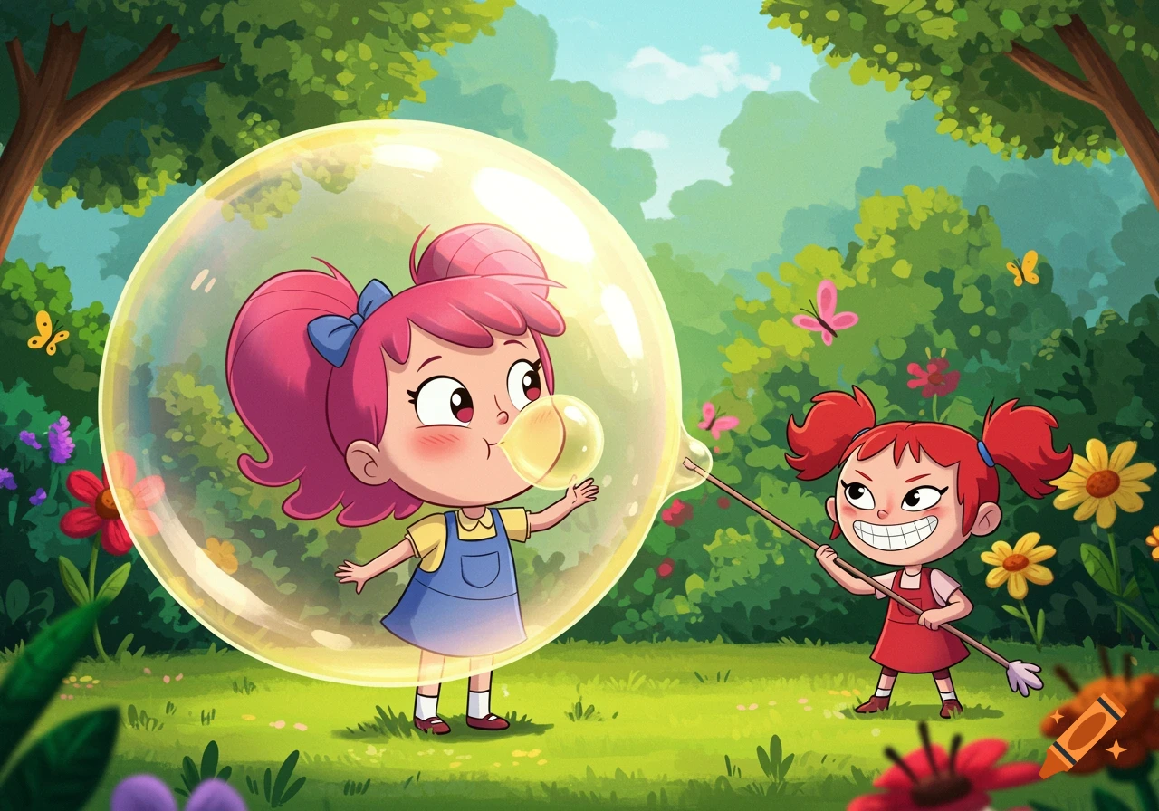 Cartoon girls playing in a garden, one blowing a large bubblegum bubble, the other poking it with a stick.