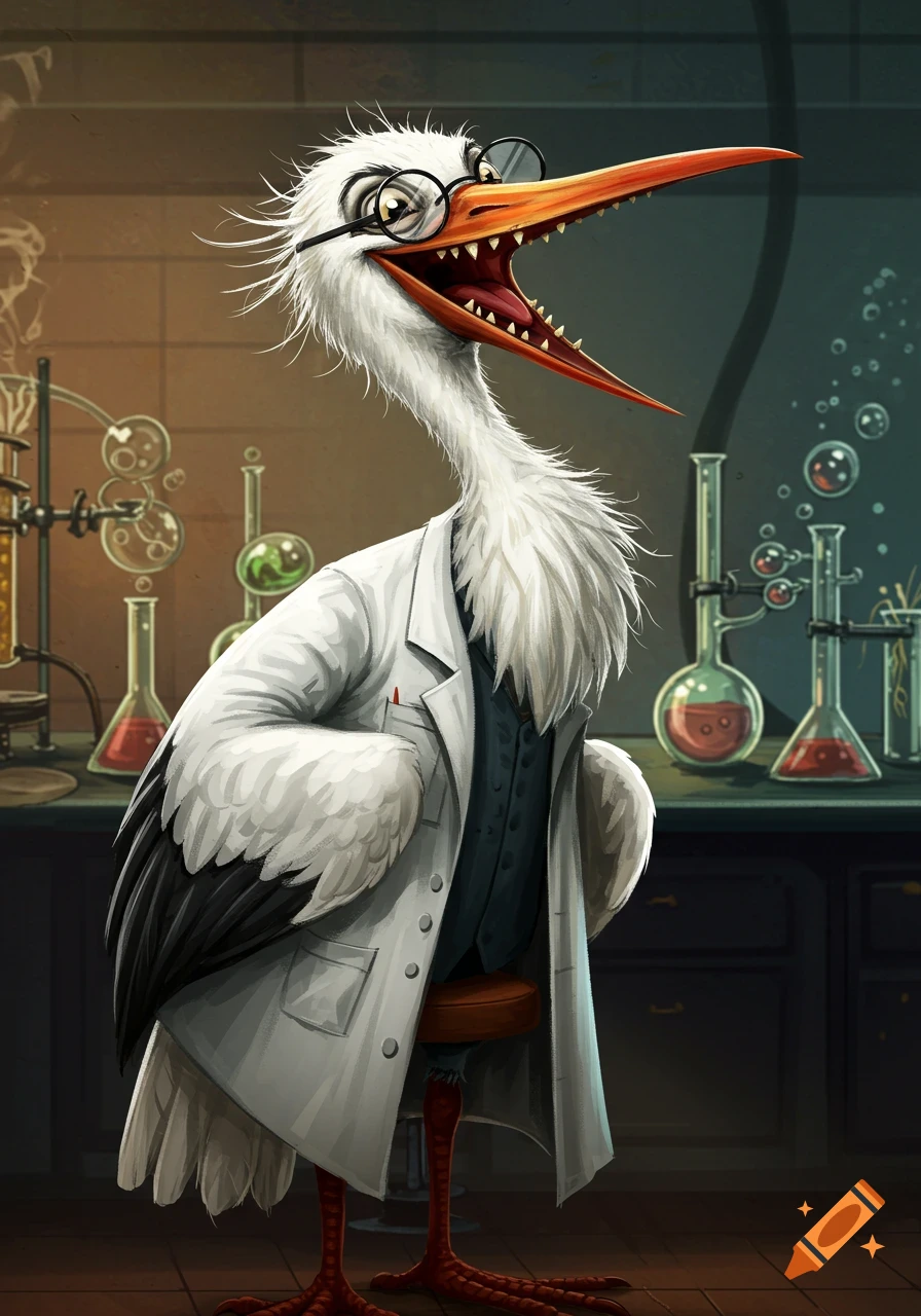 Cartoon illustration of a laughing anthropomorphic stork in a lab coat and glasses in a science lab.